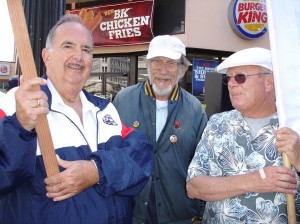 Ken Prairie, Harry Sitonen, and Charlie Tobias join in a rally in downtown Oakland for workers from the Hayward Urbanite plant when they were negotiating a contract. Photo courtesy Gloria LaRiva. 