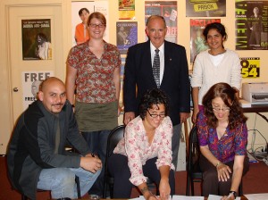 Ken Prairie and the bargaining team at signing of first contract with Design Action Collective.  Photo courtesy Gloria La Riva.